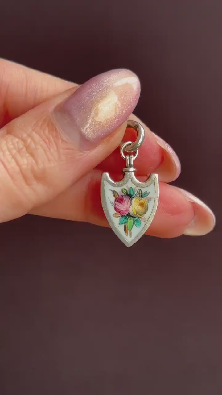 Antique Scandinavian Silver Enamel Floral Shield Charm Pendant
