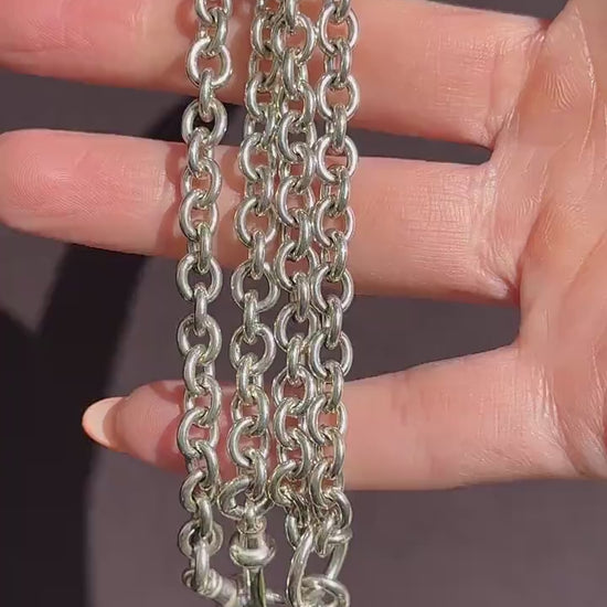 Vintage Sterling Silver Cable Link Watch Chain Necklace with T-Bar and Dog Clips – 19"