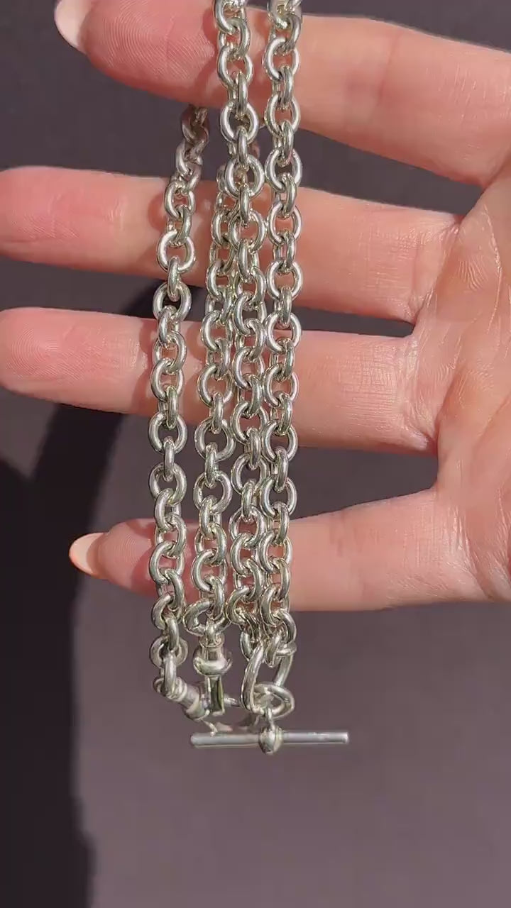 Vintage Sterling Silver Cable Link Watch Chain Necklace with T-Bar and Dog Clips – 19"