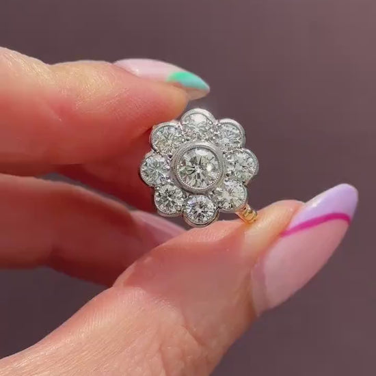 2.0ct Diamond Daisy Cluster Halo 18ct Yellow Gold and Platinum Ring | Antique Style