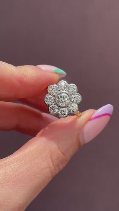 2.0ct Diamond Daisy Cluster Halo 18ct Yellow Gold and Platinum Ring | Antique Style