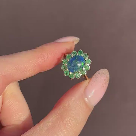 Black Opal Triplet and Emerald Halo Cluster 9ct Yellow Gold Ring