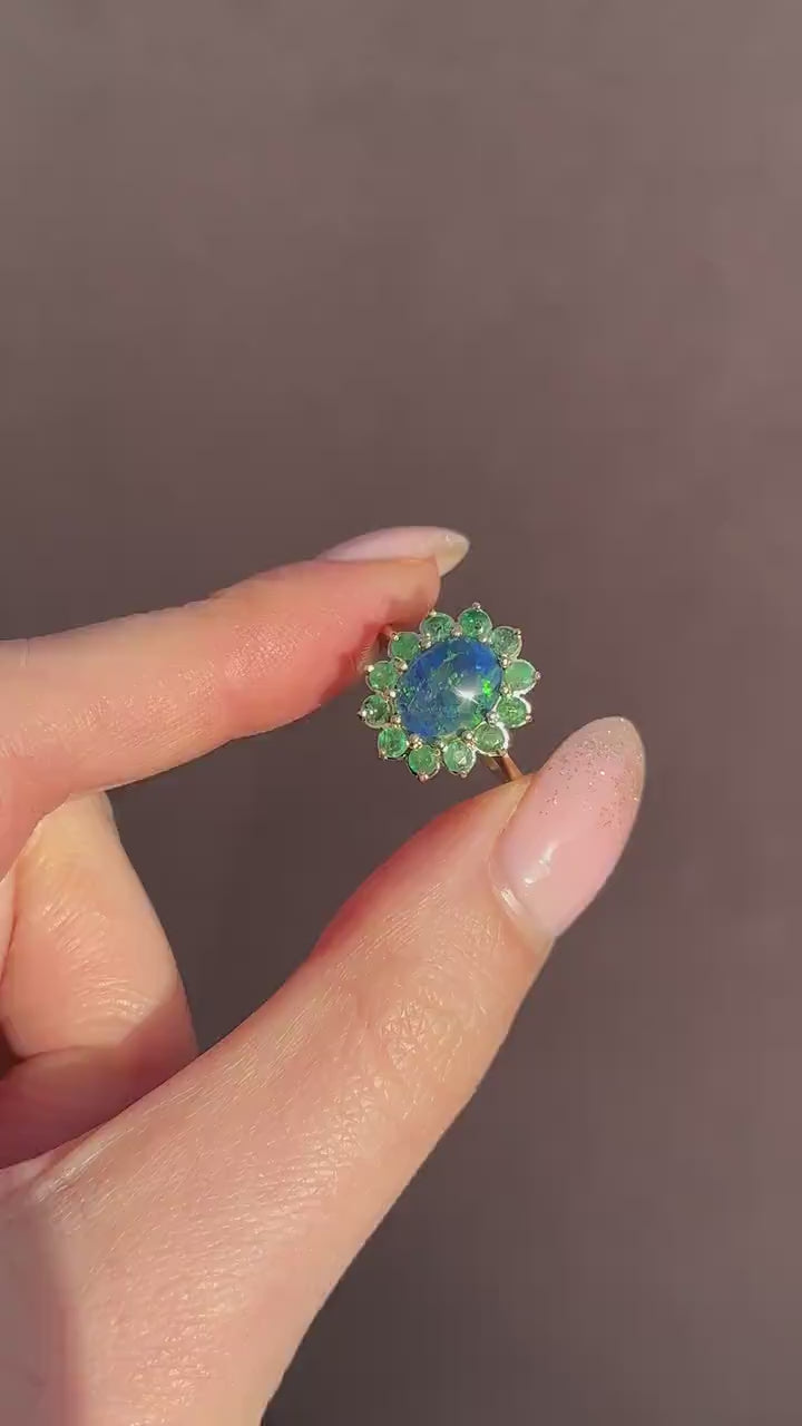 Black Opal Triplet and Emerald Halo Cluster 9ct Yellow Gold Ring