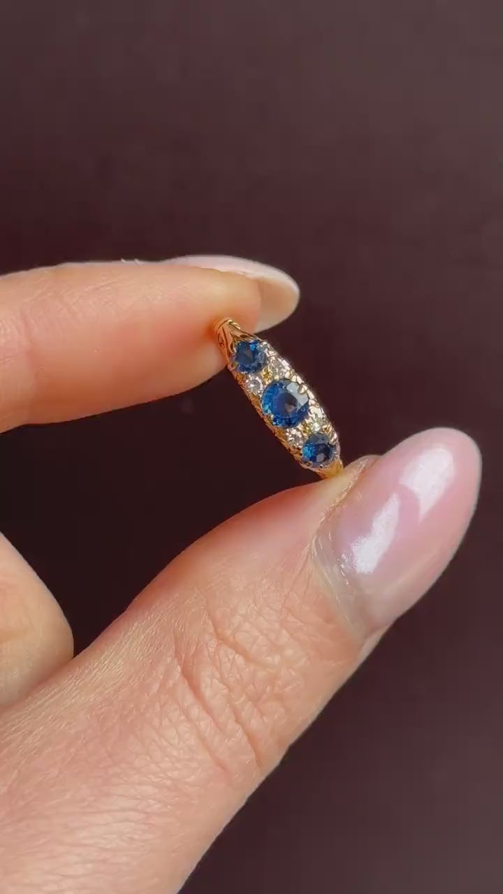 Vintage Blue Sapphire and Diamond Three Stone 18ct Yellow Gold Ring