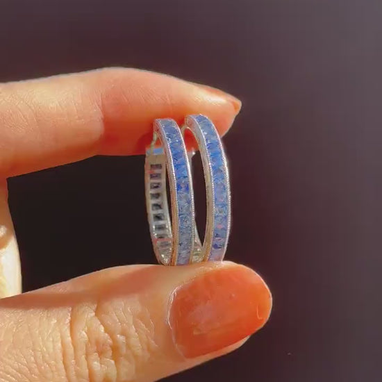 3.6ct Ceylon Blue Sapphire Hoop Engraved Platinum Earrings