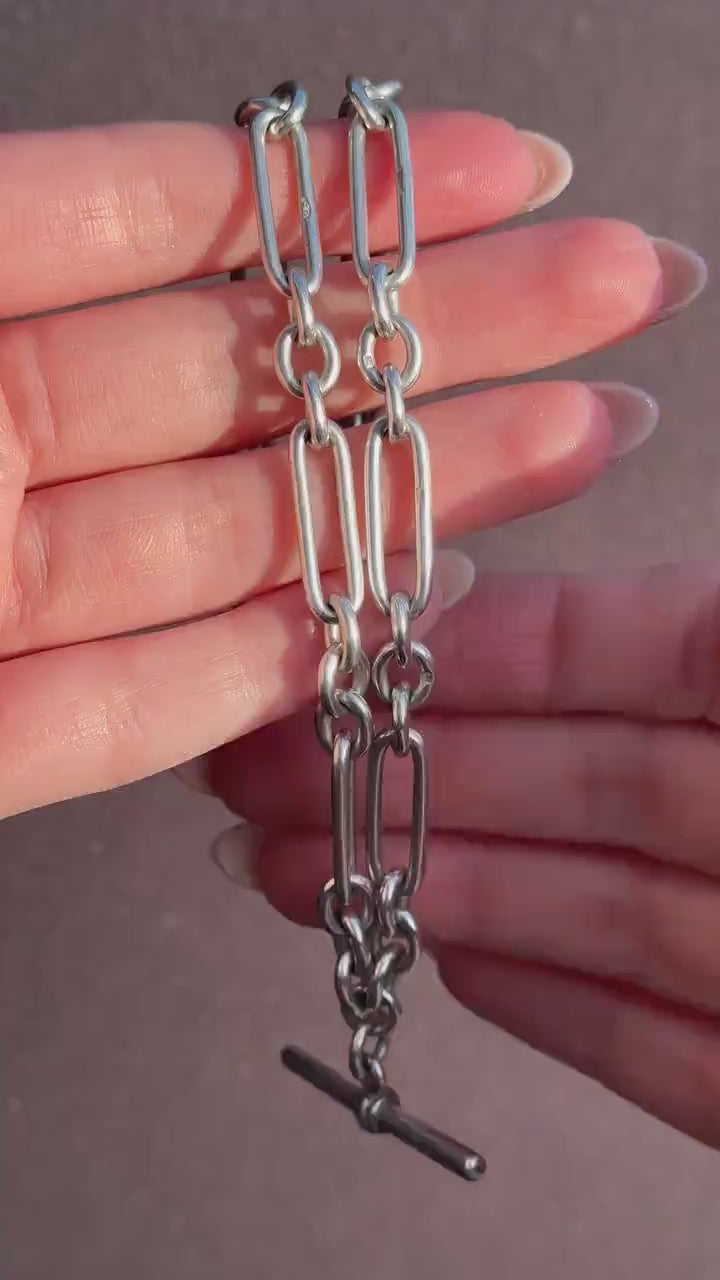 Antique Sterling Silver Trombone Watch Chain with Double Dog Clip and T Bar | 16.75"