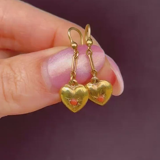 Antique 9ct Gold Coral Heart Drop Earrings