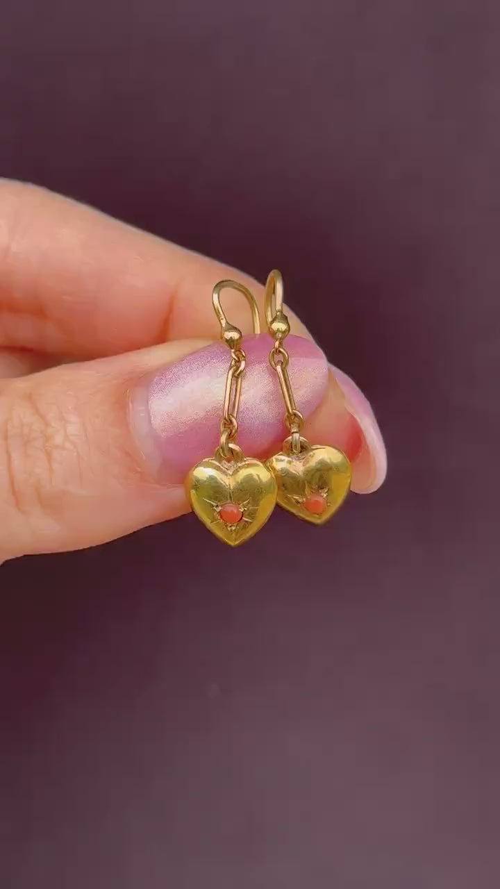 Antique 9ct Gold Coral Heart Drop Earrings