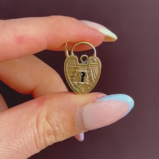 Vintage 9ct Yellow Gold Engraved Heart Padlock Charm Pendant