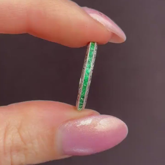 Art Deco Style 0.70ct French Cut Emerald Platinum Full Eternity Wedding Band Ring