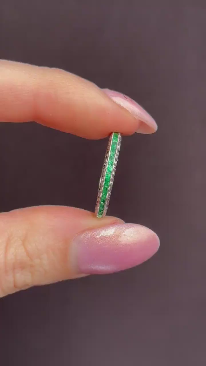 Art Deco Style 0.70ct French Cut Emerald Platinum Full Eternity Wedding Band Ring