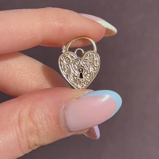 Vintage 9ct Yellow Gold Engraved Fancy Heart Padlock Charm Pendant