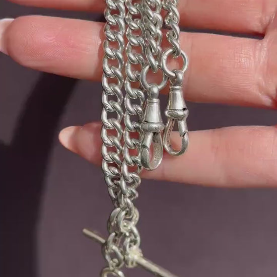 Antique '1912' Silver Curb Link Albert Watch Chain with T-Bar and Dog Clips – 14.75"