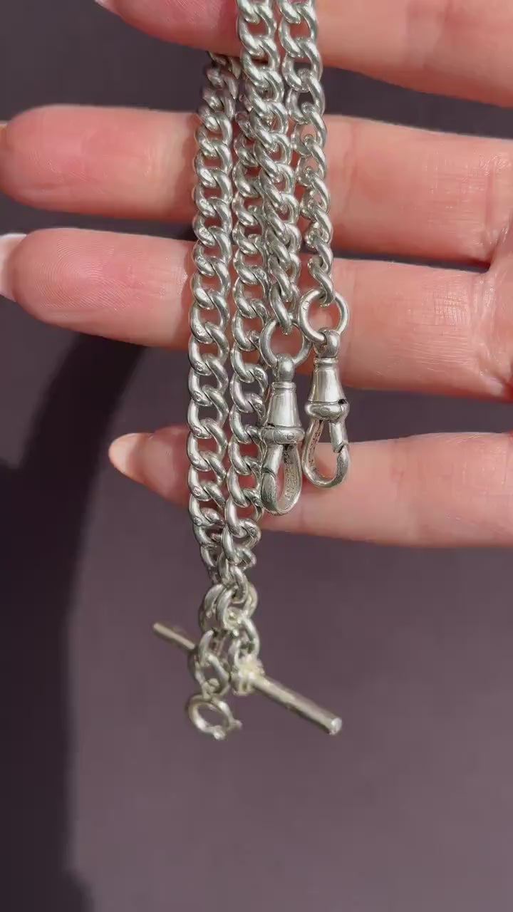 Antique '1912' Silver Curb Link Albert Watch Chain with T-Bar and Dog Clips – 14.75"