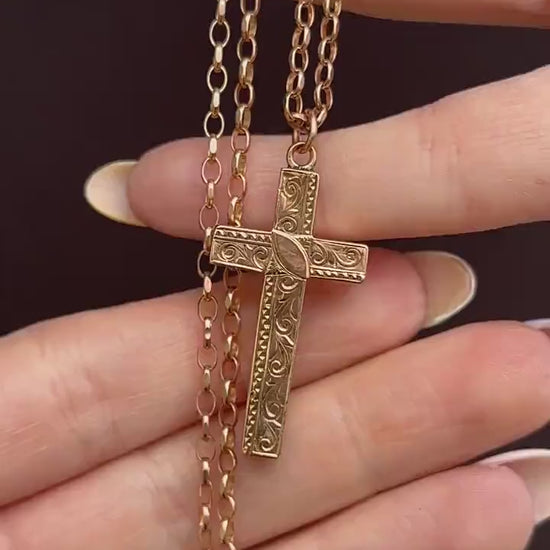 Antique 9ct Gold Engraved Cross Pendant Necklace | 20.5"