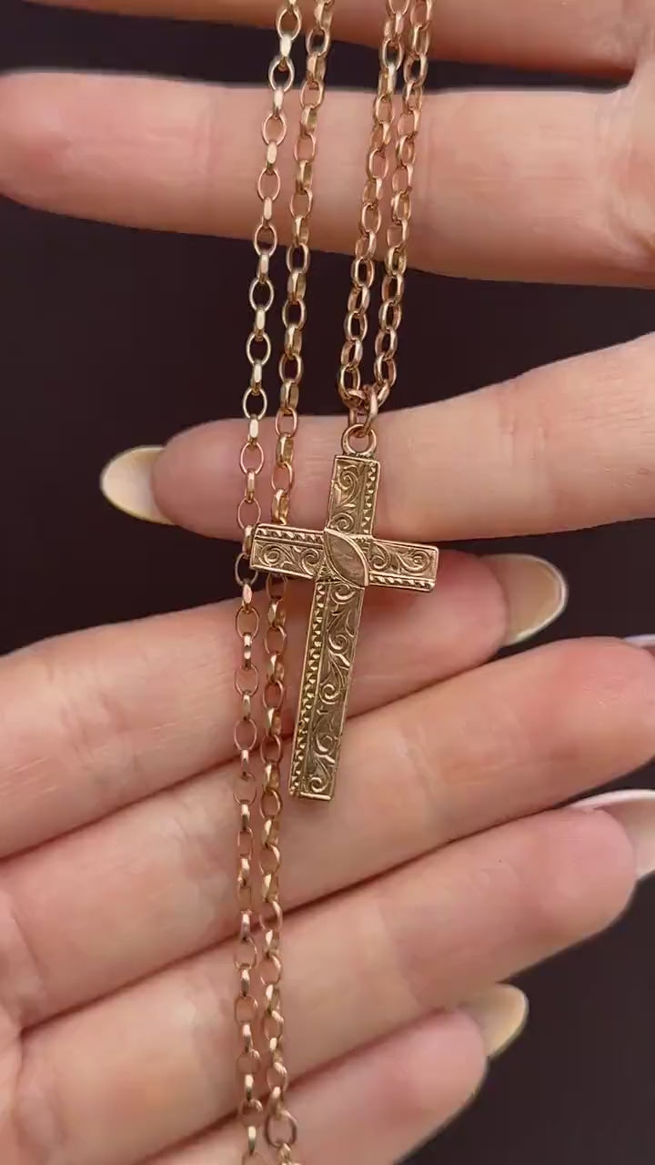 Antique 9ct Gold Engraved Cross Pendant Necklace | 20.5"