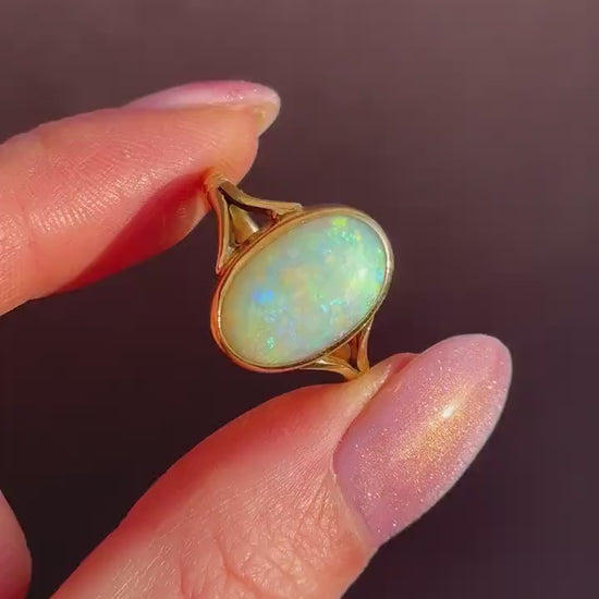 Antique Natural Opal Oval Solitaire 18ct Yellow Gold Ring