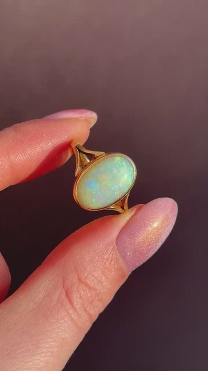 Antique Natural Opal Oval Solitaire 18ct Yellow Gold Ring