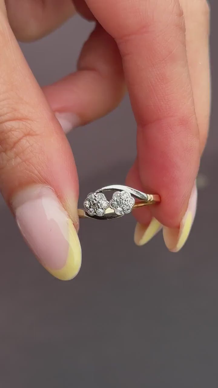 Antique Diamond Cluster Flower Daisy 18ct Gold Double Twist Ring
