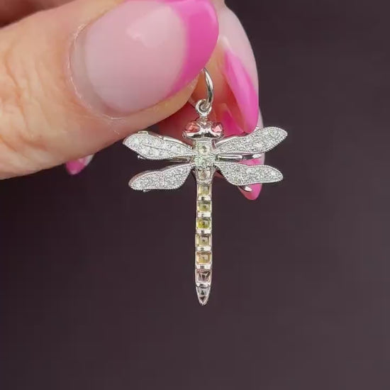 Yellow Sapphire and Diamond Platinum Dragonfly Insect Pendant