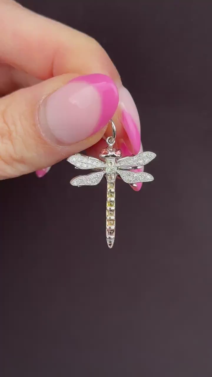 Yellow Sapphire and Diamond Platinum Dragonfly Insect Pendant