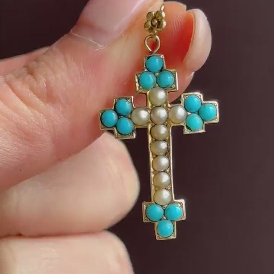 Antique Victorian Turquoise Pearl Gold Cross Pendant
