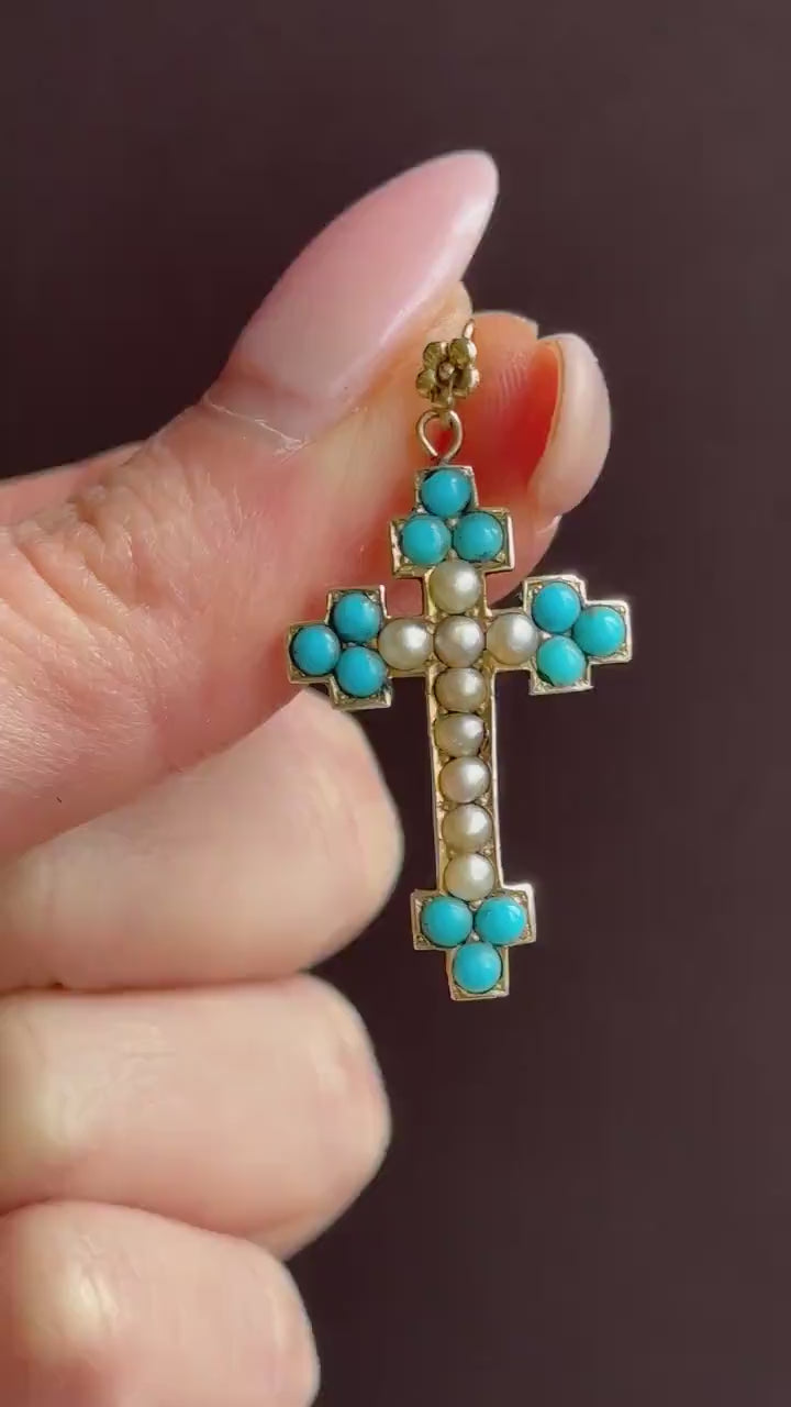 Antique Victorian Turquoise Pearl Gold Cross Pendant