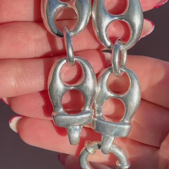 Vintage Sterling Silver XL Large Puffy Mariner Link Chain Bracelet | 7.75"