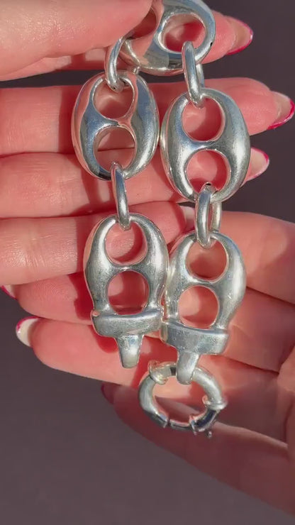 Vintage Sterling Silver XL Large Puffy Mariner Link Chain Bracelet | 7.75"