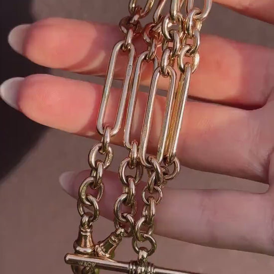 Antique 9ct Gold Trombone Link Chain Necklace with Dog Clips and T-bar | 15"