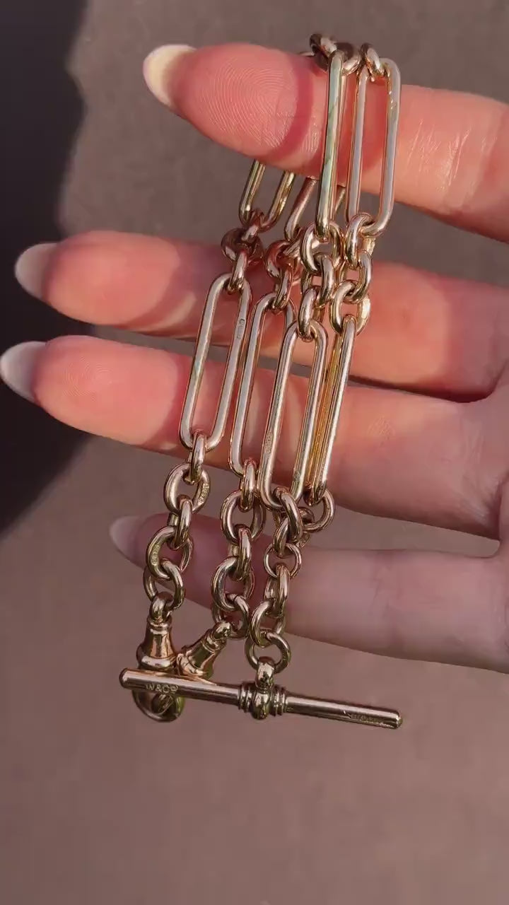 Antique 9ct Gold Trombone Link Chain Necklace with Dog Clips and T-bar | 15"