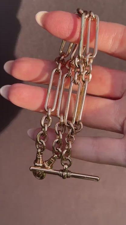 Antique 9ct Gold Trombone Link Chain Necklace with Dog Clips and T-bar | 15"