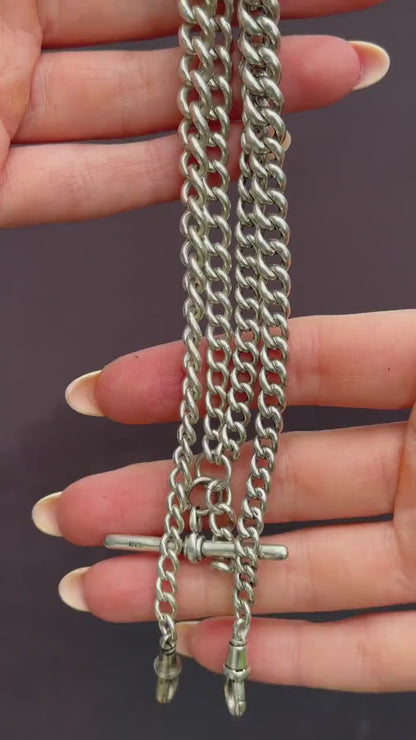 Antique 69g Heavy Albert Watch Chain Necklace with T-Bar and Dog Clips | 24"