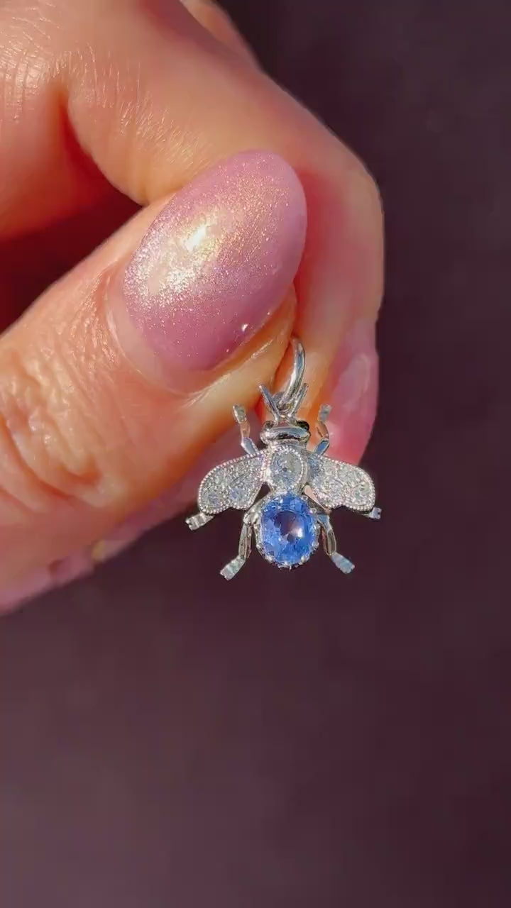Ceylon Sapphire and Diamond Platinum Insect Bee Pendant