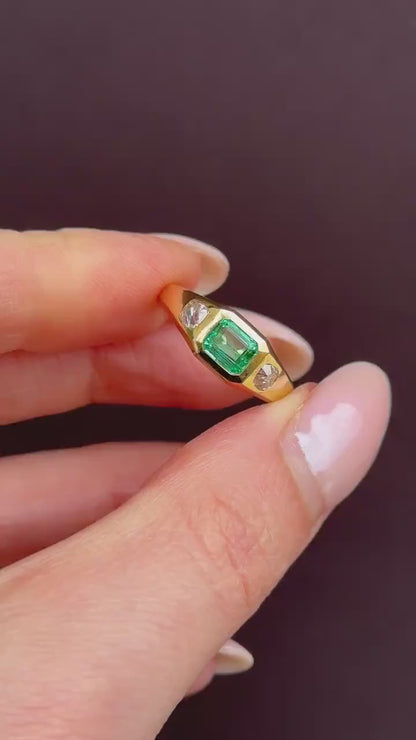 Natural Emerald and Diamond Three Stone 18ct Gold Gypsy Band Ring