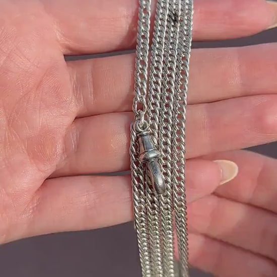 Antique Sterling Silver Flat Curb Link Long Guard Chain Necklace | 62" Length