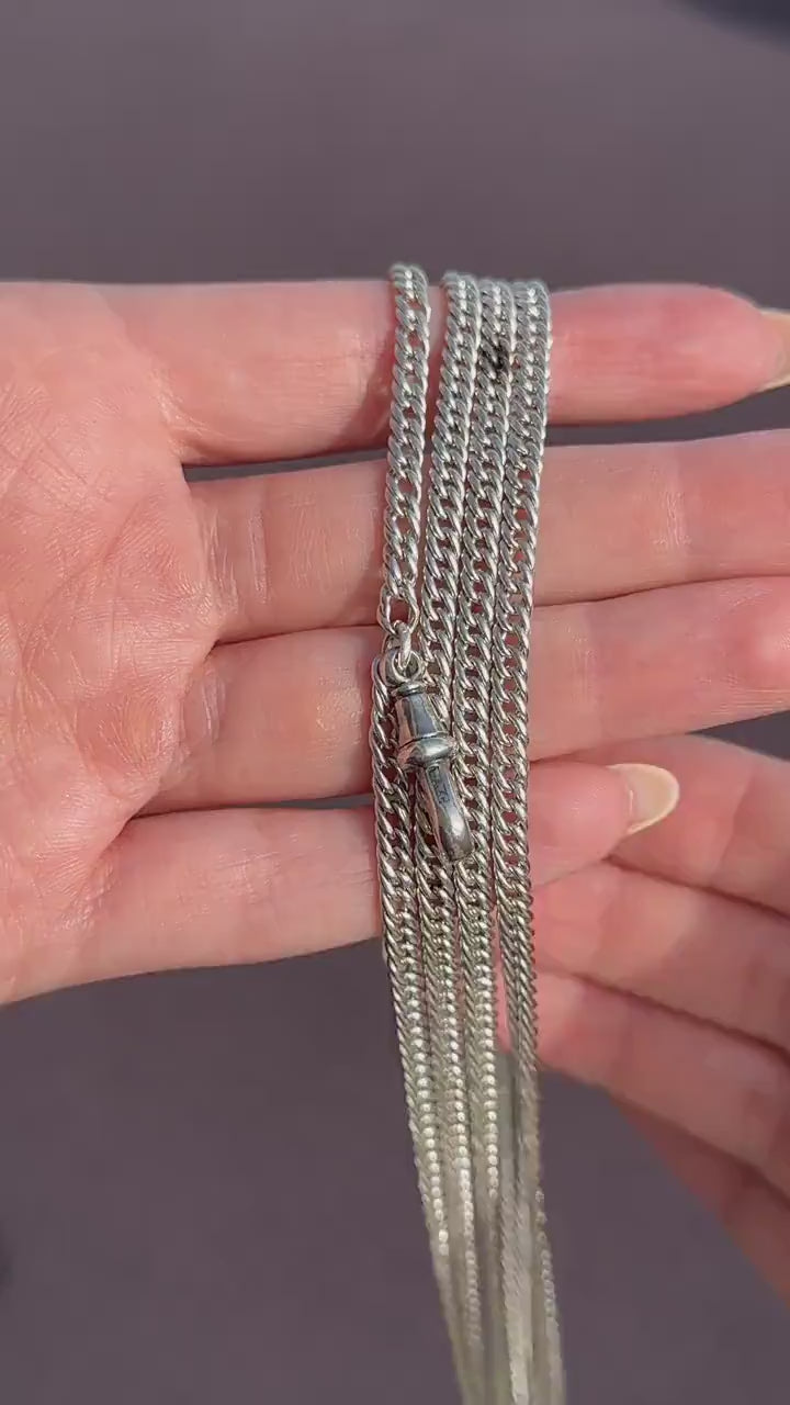 Antique Sterling Silver Flat Curb Link Long Guard Chain Necklace | 62" Length