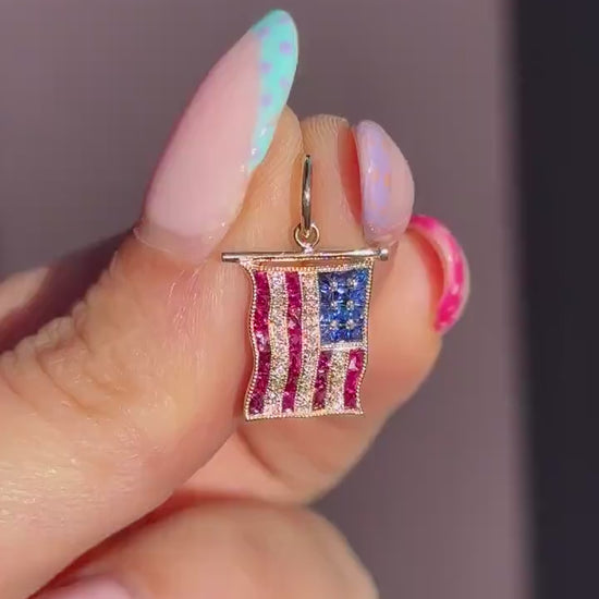 Diamond Ruby Sapphire American USA Flag 18ct Gold Charm Pendant