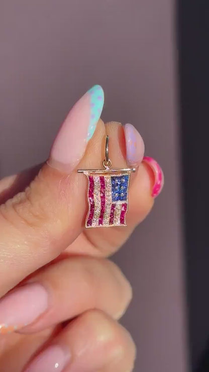 Diamond Ruby Sapphire American USA Flag 18ct Gold Charm Pendant