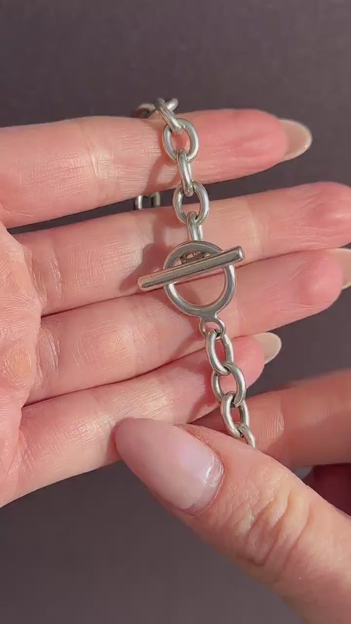 Vintage Silver Oval Cable Link Toggle T-Bar Chain Bracelet 8