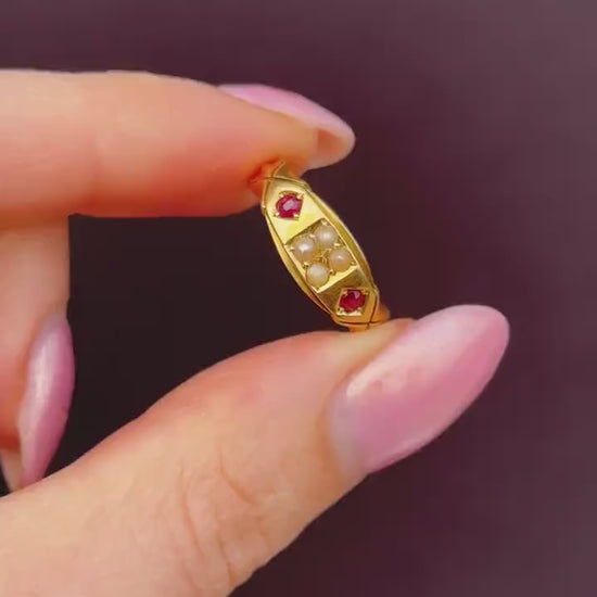 Antique Victorian Ruby and Pearl 18ct Gold Band Ring - Chester 1898