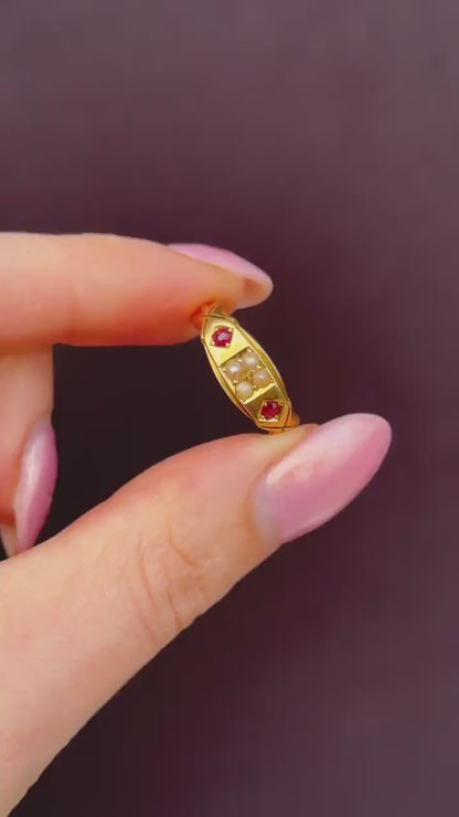 Antique Victorian Ruby and Pearl 18ct Gold Band Ring - Chester 1898