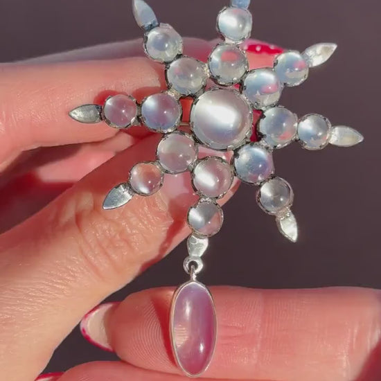 Antique Victorian Celestial Moonstone Star Silver Brooch Pin | 19.21ct