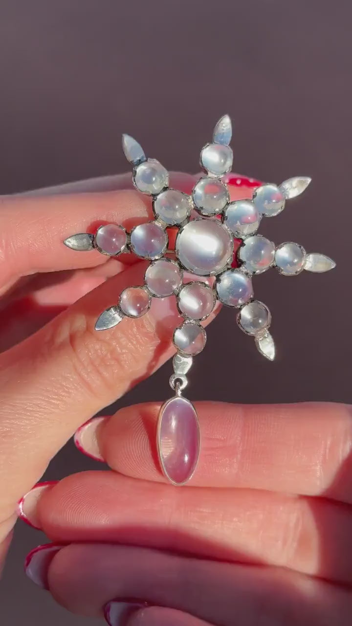 Antique Victorian Celestial Moonstone Star Silver Brooch Pin | 19.21ct