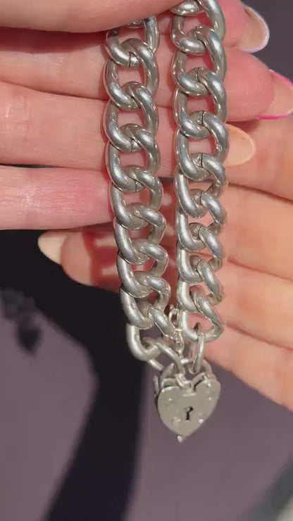 Vintage Heavy Chunky Heart Padlock Sterling Silver Curb Bracelet 7"