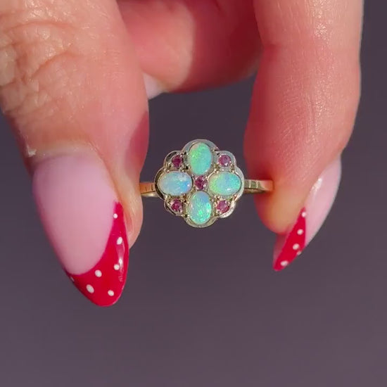 Vintage Opal and Ruby Flower Cluster 9ct Yellow Gold Ring | Dated 1990