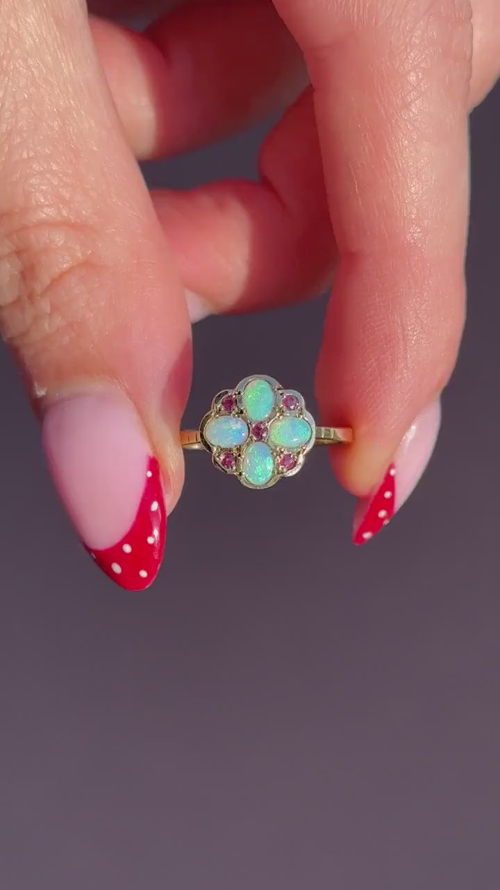 Vintage Opal and Ruby Flower Cluster 9ct Yellow Gold Ring | Dated 1990