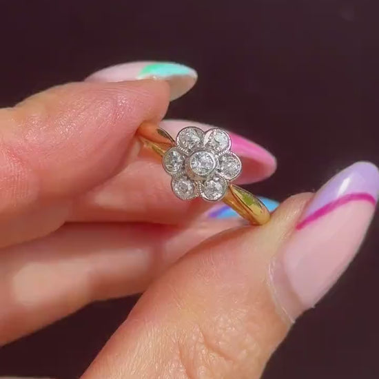 Antique Diamond Cluster Daisy 18ct Gold and Platinum Ring