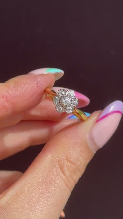 Antique Diamond Cluster Daisy 18ct Gold and Platinum Ring