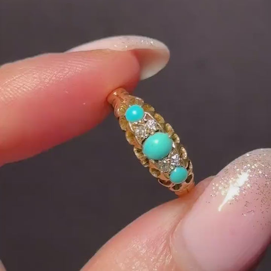 Antique Turquoise and Diamond Scroll Boat 18ct Gold Ring | Dated 1900